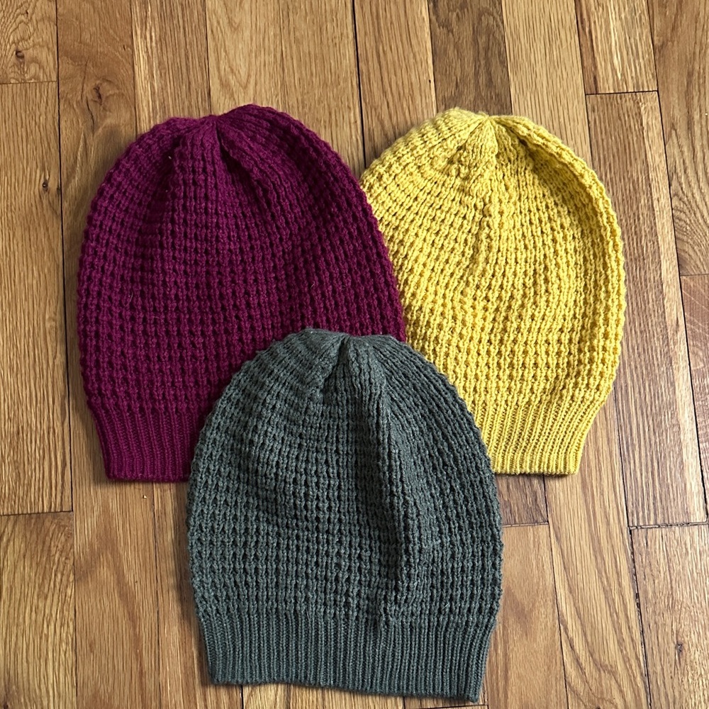 Set of Three Knit Beanies in golden yellow, maroon, green